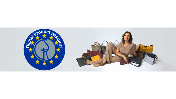 Designer of The Morphbag by GSK sitting on the floor surrounded by her products and badge of EU Digital Product Passport
