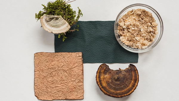 :  Is Mushroom Leather really Transformative? Fashion Industry News Debunked  - Interview by Tamara LainBrown | Mushroom Leather flat lay 
